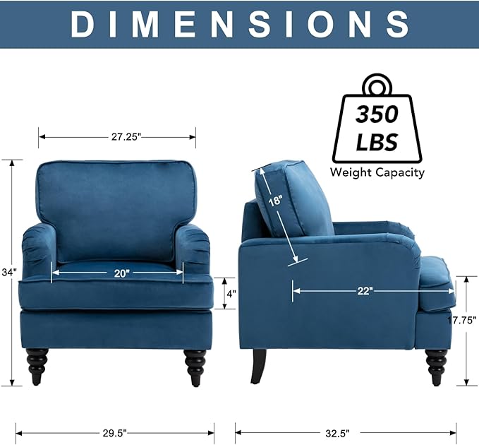 chairus Mid Century Modern Velvet Accent Chair Vintage Club Armchair with Firm Supportive Seat &amp Soft Backrest Comfy Single Sofa Reading Chair for Living Room Bedroom Blue