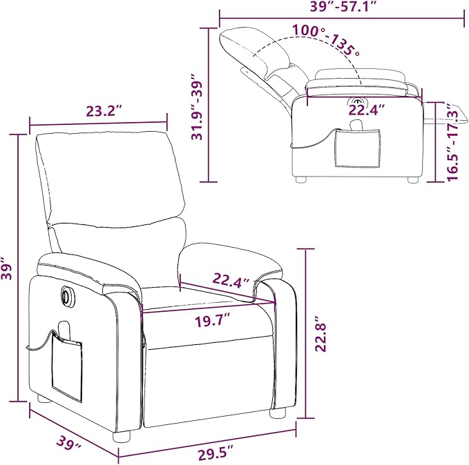 vidaXL Leather Massage Recliner Chair for Living Room Home Theater 6-Point Vibration Massage Adjustable Back &amp Footrest Side Pocket Black
