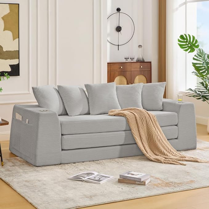 82.25 Convertible Loveseat Sleeper Sofa Bed with Side Pocket 2 in 1 Corduroy Pull Out Bed with 5 Pillows Boneless Couch with 2 Cup Holders and Wide Armrest No Assembly Light Gray
