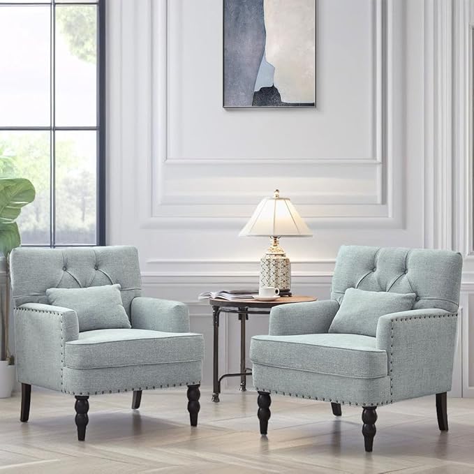 HUIMO Accent Chairs Set of 2 Living Room Chairs Tufted Club Chair Upholstered Armchair with Button Fabric Sofa Chairs for Bedroom Living Room Mid Century Modern Reading Chairs(2Light Blue)