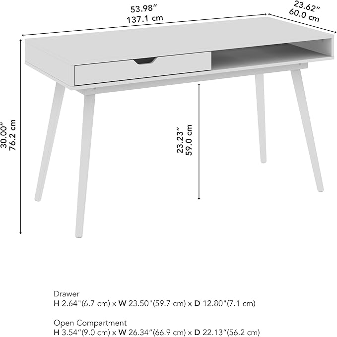 Bush Home Nora 54W Writing Desk with Storage in Pure White | Large Wooden Computer Table for Home Office Study Room or Entryway