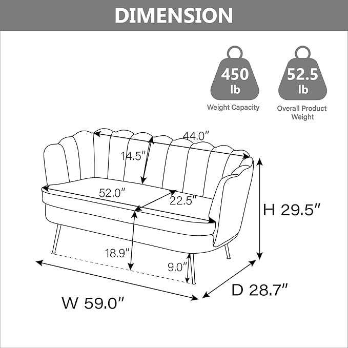 Chifee &amp Vingol Upholstered Small Loveseat for Small Space with Golden LegsLight Grey
