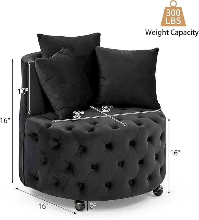 GNIXUU Swivel Barrel Accent Chair 30” Modern Velvet Round Swivel Chair with 3 Pillows and Wheels Comfy Tufted Single Club Sofa Lounge Chair for Living Room Bedroom(Black).
