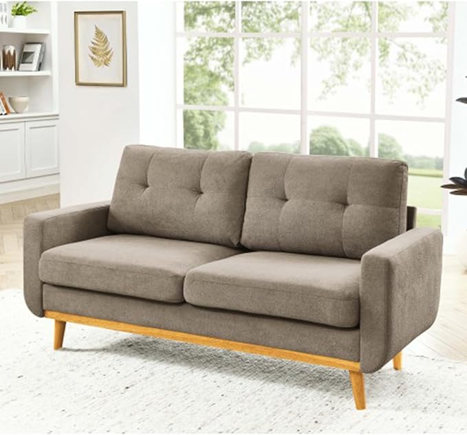 67.7 Loveseat Sofa Couch Mid-Century Modern Love Seat Couches for Living Room Button Tufted Upholstered Small Loveseats for Small Space Office Bedroom with Wooden Legs (Khaki)