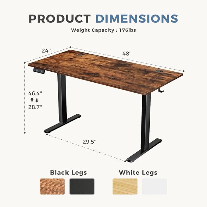 Electric Standing Desk 48 x 24 Inches Lift Motorized Gaming Table with T-Shaped Metal Ergonomic Memory Controller Home Office Desk Computer Desk Brown