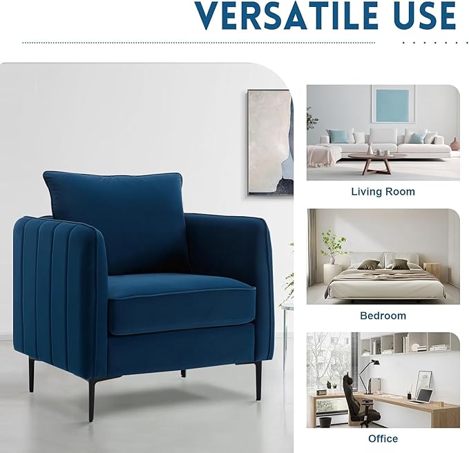 Blue Accent Chair for Living Room Modern Upholstered Accent Chair Comfy Velvet Armchair with Thick Cushion Single Sofa Arm Chairs for Bedroom Office Reading RoomClub (Blue)