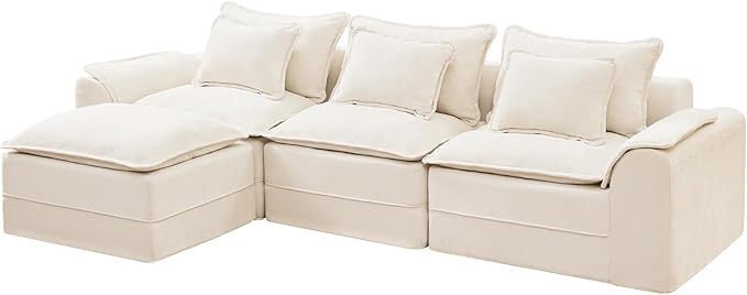 Hobestluk 120 Cloud Modular Sectional Couch 3-Seater Sofa with Ottoman L Shaped Sofa with Removable Cover Large Sofa Couch for Living Room (Beige 3-Seater Sofa with One Ottoman)