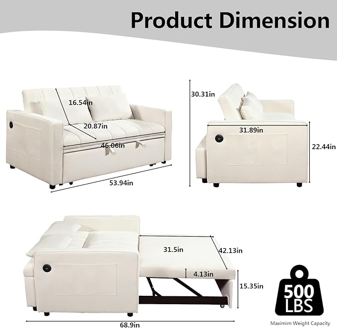 Sleeper Sofa Velvet Pull Out Sofa Bed Convertible Sofa Adjustable Backrest Loveseat Sofa Couch with USB Charging &amp Side Pocket for Living Room OfficeSmall Space-Beige