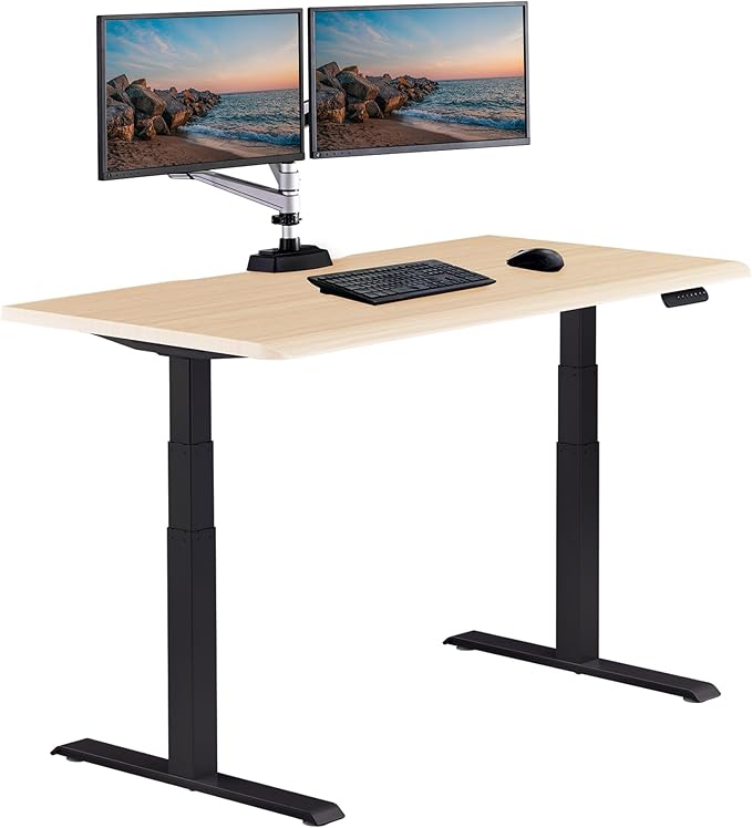 Vari ComfortEdge 60x30 Inch Adjustable Electric Standing Desk – Sit Stand VariDesk with Memory Presets Sloped Edge 200 LB Capacity + Tool-Free Assembly (Light Wood Top/Black Legs)