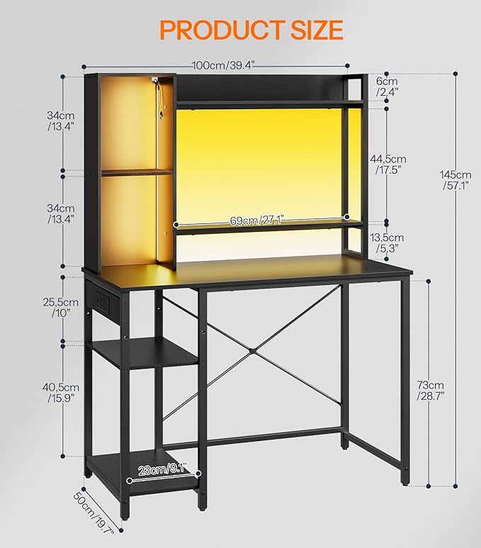 HOOBRO Computer Desk Small Gaming Desk with LED and Outlets Home Office Desk with Monitor Stand and Adjustable Shelf Computer Desk with CPU Stand for Home Office Small Space Black BB100UDDN01