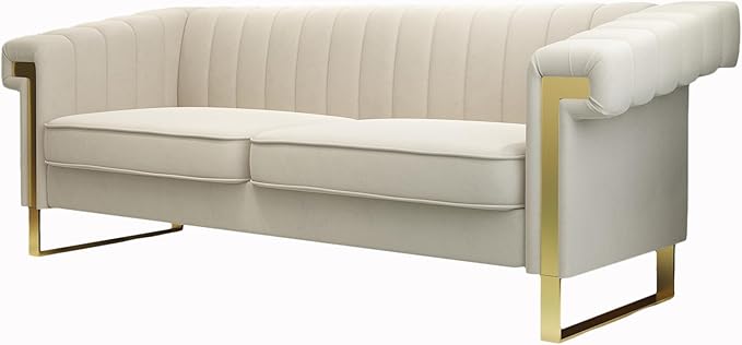 Mid-Century Modern Beige Velvet Sofa with Gold Metal Legs 83.86 Luxury Chesterfield Comfy Cream Couches for Living Room (Velvet Beige)