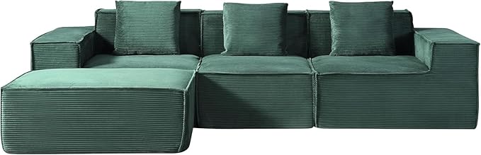 Harper Convertible Corduroy Sectional Couch with Ottoman &amp Pillows Modular L Shaped Sleeper Sofa Boneless Cloud Couch for Living Room Furniture Dark Green