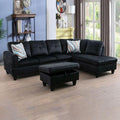 Black L-Shaped 3-Piece Flannel Sofa with Storage Ottoman Set Sectional Couch Sofa Set for Living Room Office Small Space