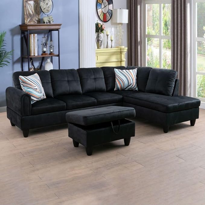 Black L-Shaped 3-Piece Flannel Sofa with Storage Ottoman Set Sectional Couch Sofa Set for Living Room Office Small Space