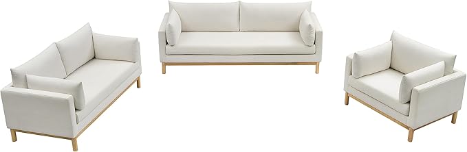 Meridian Furniture 157Cream-L Langham Collection Mid-Century Modern Linen Textured Fabric Upholstered Loveseat Cream Linen Textured Fabric Natural Finish Wood Base 66 W x 33.5 D x 33 H Cream