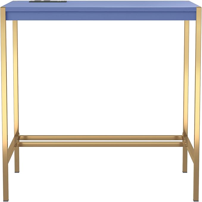 24/7 Shop at Home Fultonville Modern Metal Writing Desk with USB Port Power Outlet for Workstation Home Office Study Room Blue and Gold