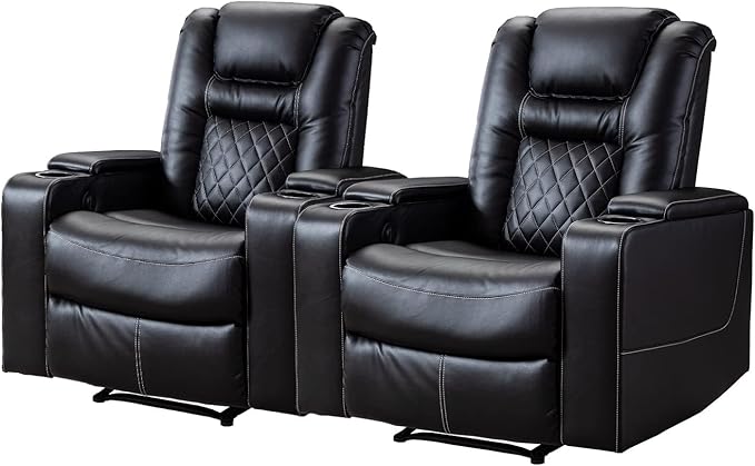 CANMOV Electric Power Recliner Chair Set of 2 Breathable Leather Home Theater Seating with Hidden Arm Storage Power Recliner Chair for Living Room with USB Ports and Cup HoldersBlack