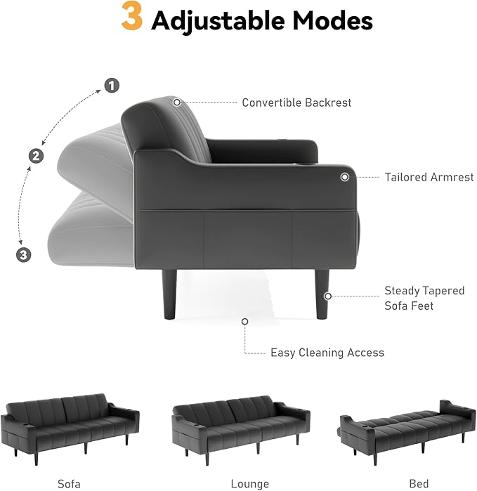 80'' Futon Sofa BedFaux Leather Futon Sleeper Sofa Convertible Loveseat with Adjustable Sofa BackrestModern Couches for Living Room Bedroom Apartment Office (Black)