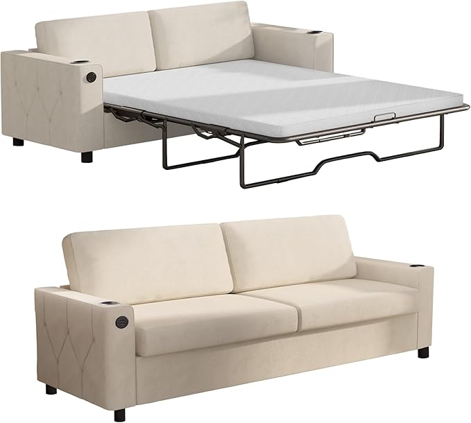 BALUS 2-in-1 Queen Size Pull Out Sofa Bed Velvet Convertible Sleeper Sofa Couch with Memory Foam Mattress Modern Pull Out Couch with 2 Cup Holders and USB Charging Ports for Living Room Beige