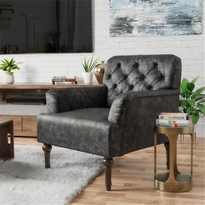 Bowery Hill Leith Faux Leather Tufted Accent Chair Gray Finish Wood Frame 32W x 30.5D x 35H Button Tufted Back Piping Line Details Transitional Style Chair for Living Room or Master Bedroom