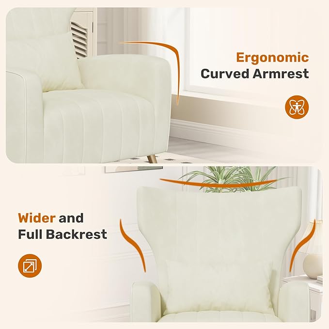 Beige Velvet Accent Chair Set of 2 Wingback Chair for Living Room High Back Arm Chair with Golden Legs Lumbar Pillow Upholstered Single Sofa Bedroom