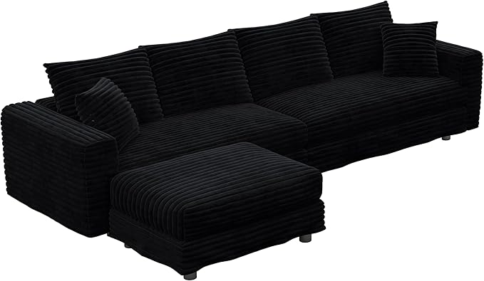 102.4'' Oversized Corduroy Couch Modular Sectional Sofa with Ottoman Upholstered 4 Deep Seat L Shape Sofa Convertible Cloud Couches with Chaise Lounge for Living Room Apartment Black