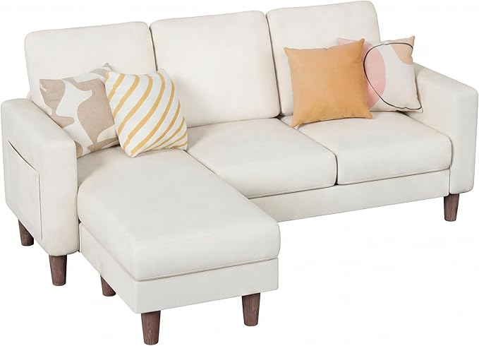Homall 3 Seat Couch L Shape Sofa with Side Storage Pockage Sectional Couches with Reversible Ottoma Upholstered Sofa for Living Room and Small Spaces (Linen Fabric Cream)