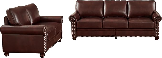 Faux Leather Sofa Set of 2: Love Seat +3 Seat Couch Underseat Storage Classic Sofa Elegance Rolled Armrests Nailhead Trim Wood Legs Classic Living Room Accent 2+3 Seat-Burgundy