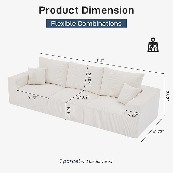 Modern Sleeper Sofa Couches for Living Room-113 Beige 3 Seater Boneless Cloud Couch-No Assembly Required Modular Corduroy Convertible Full Sponge Compression Sofas for House Apartment
