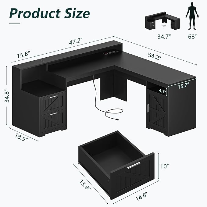 63 Farmhouse L Shaped Desk with Drawers &amp Storage Shelf Corner Computer Desk with Power Outlets for Home Office Executive Desk with Monitor Stand Printer Shelf Black
