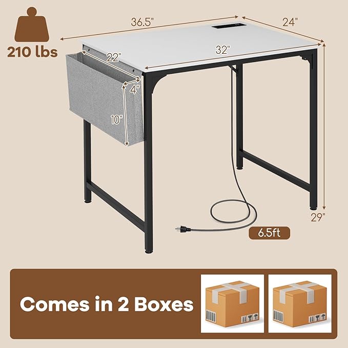 32 Inch Computer Desk Set of 2 Modern Writing Desk with Heavy-Duty Metal Frame Storage Bag &amp Charging Station Rectangular Home Office Workstation Table for Conference Study &amp Meeting Room