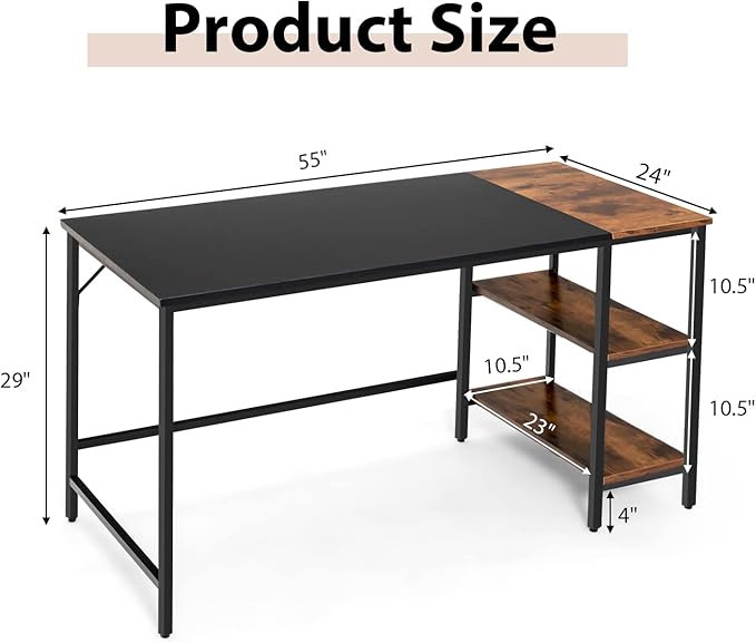 Multifunctional Computer Desk Industrial Study Writing Desk w/Removable Storage Shelf Heavy-Duty Metal Frame 55 Inch Desk for Home Office Gaming Room Bedroom (Black)