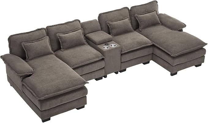 OUYESSIR U Shaped Cloud Sectional Couch 124 Fluffy Modular Sofa Set with Double Chaise Lounge Central Console &amp USB Port Comfy Chenille Big Sectional Couches for Living Room Stone Grey