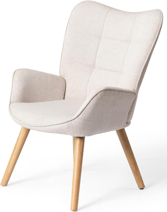 FurnitureR Upholstered Tufted Wingback Chair Fabric Living Room Leisure Chair Comfortable Stylish with Solid Wood Legs Accent Armchairs High Back Ergonomic for Bedroom/Lounge Beige/Oak
