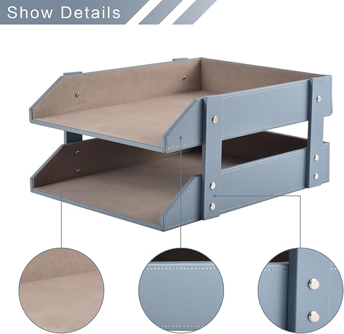 Leather Desk Letter TrayOffice Supplies Paper Organizer for Mail Paper Files Magazines Jewelry CosmeticsFashion Letter Holder&amp 2-Tier Multipurpos Stackable Office Desktop Storage BoxGrey