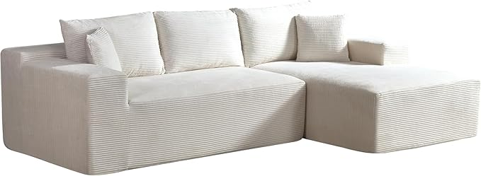 Ridge 2-Piece Convertible Corduroy L-Shaped Sofa in a Box with Pillows 3-Seater Modular Sectional Couch Compressed Living Room Furniture Beige (Right Facing)
