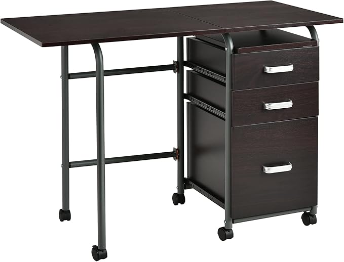 Tangkula Folding Computer Desk with 3 Drawers Mobile Home Office Desk Portable Laptop Desk Writing Table Space Saving Compact Desk for Small Spaces Dorm Apartment