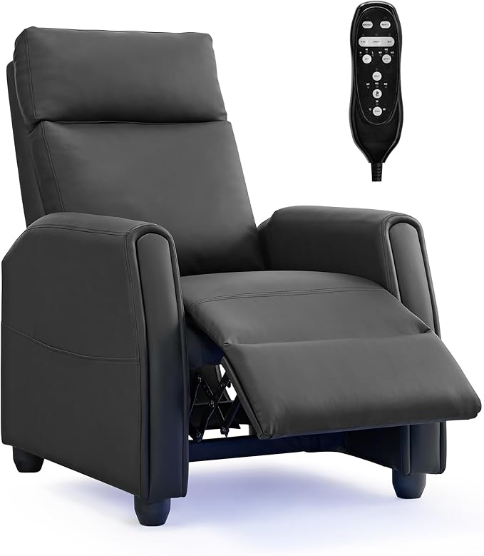 Recliner Chair for Adults Push Back Armchair Home Theater Seating with Lumbar Support Single Sofa for Living Room with Massage &amp Heat Vibration Black(PU Leather with Lights)