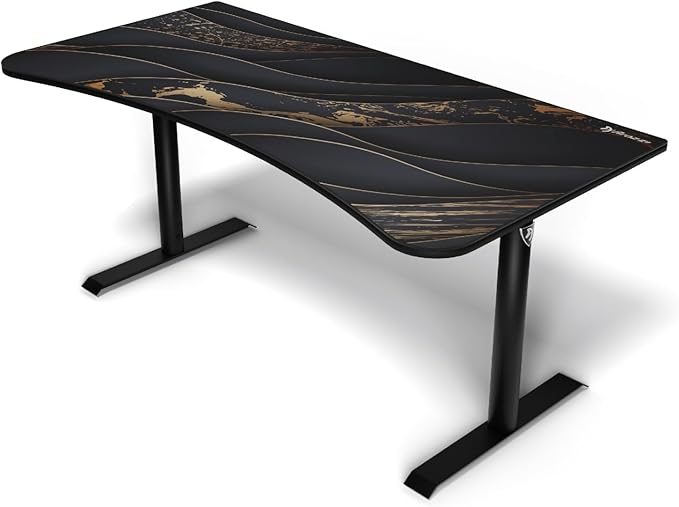 Arozzi Arena Special Edition Ultrawide Curved Gaming and Office Desk with Full Surface Water Resistant Desk Mat Custom Monitor Mount Cable Management Cut Outs - Black Gold