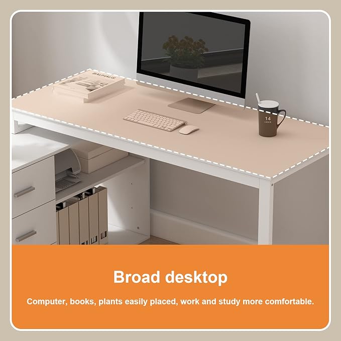 FUFU&ampGAGA 55.1 Large L-Shaped Office Desk with 39 File Cabinet Corner Computer Desk with 3 Drawers &amp 2 Shelves Workstation Executive Desk with Storage Shelf for Home Office (White)