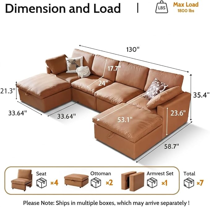 WEUP 130 Faux Leather Sectional Couch U Oversized Shaped Modular Sofa with Storage Ottoman Scratch Resistant Leather Sofa Spacious Deep Seat Mid Century Modern Couches for Living Room Brown