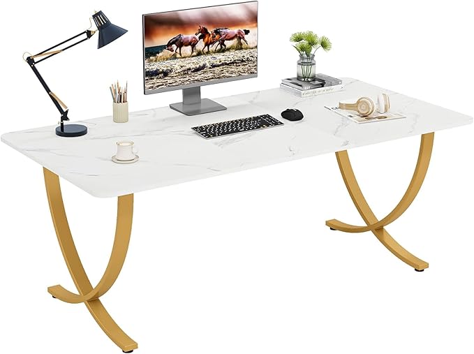 Tribesigns Executive Desk 63” W x 31.5” D Large Office Desk Modern Computer Desk Conference Table Meeting Room Table Business Furniture for Home Office White and Gold