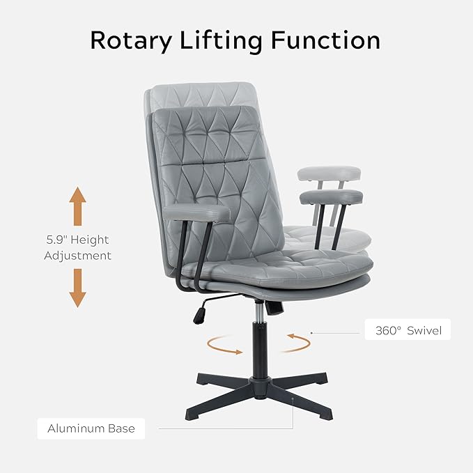 Home Desk Chair No Wheels with Arms Crossleg Stationary Ergonomic Office Swivel Working Computer Chair Grey