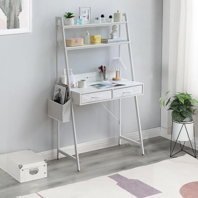 KATHY&ampBOB Small Home Office Study Desk - Freestanding Ladder Design with Fabric Drawers &amp Side Bag - Modern Vanity Makeup Desk - 2 Tier Shelf &amp Computer Gaming Station (White)