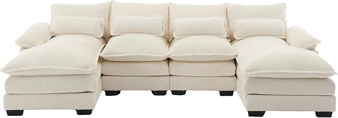 QQU 110.63 W U-Shape Modern Sectional Sofa Couch with Plastic Leg Upholstery Chenille Modular Sectional Sofa Bed with Memory Foam Large Sleeper Couch Chaise Lounges for Living Room(A-Beige)