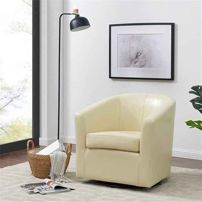 Pemberly Row Bonded Leather Swivel Tub Chair Beige Finish 29.5 H x 30 W x 29.5 D Solid Birch Wood Legs Dark Mahogany Accent Durable Upholstered Accent Chair for Living Room or Office Use