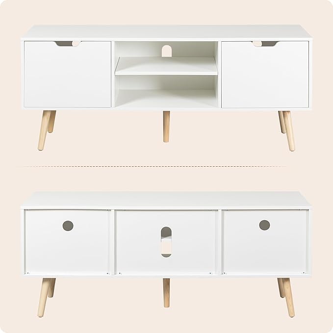 ALINE FURNITURE White TV Stand for 50 55 60+ inch TVs - Media Console with 2 Cabinets &amp Open Shelves Solid Wood Legs - TV Consoles for Living Room - 22 H Entertainment Center for Bedroom