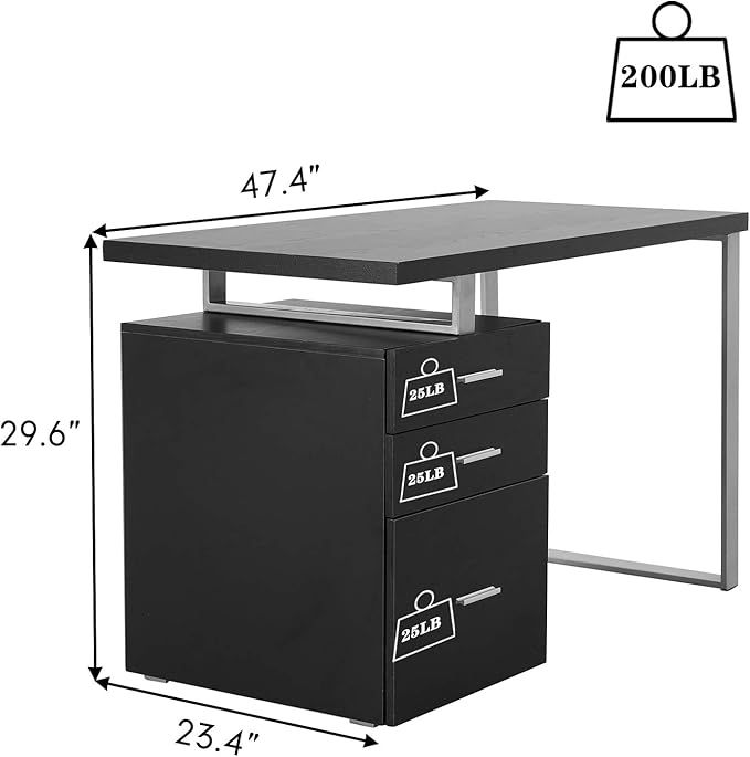47.5 Office Desk Home Computer Desk with Reversible File Cabinet with Sliding Track Drawers Wooden Laptop Table with Metal Leg for Study Work