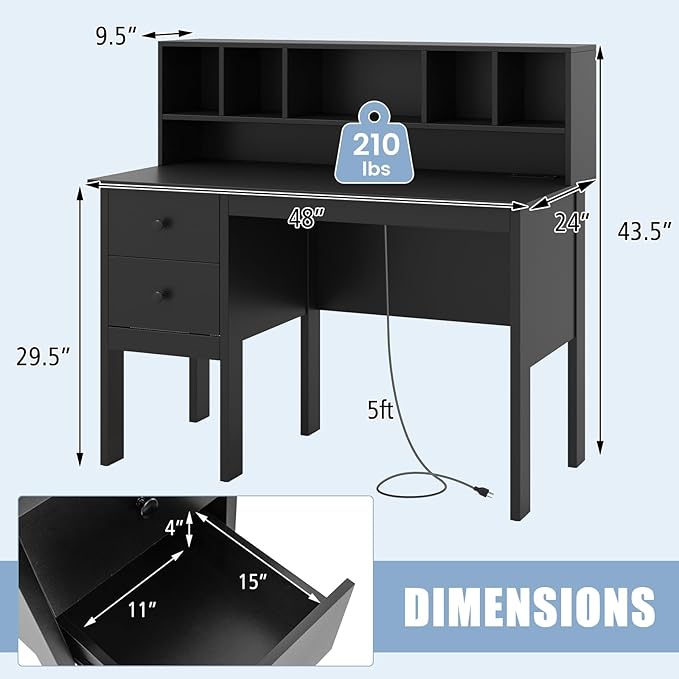 COSTWAY Writing Desk with USB Charging Ports &amp Power Outlets 48 Computer Desk with Drawers &amp 5-Cubby Hutch Study Table Computer Work Station for Home Office (Black)