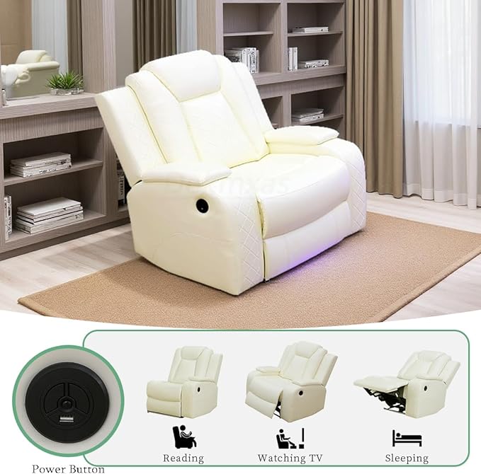 Modern Power Reclining Chair Set Ivory White Breathing Leather Sofa Couches Living Room Sofa Sets Power Recliner Sofa Set with LED Light for Living Room &amp Apartment &amp Home &amp RV